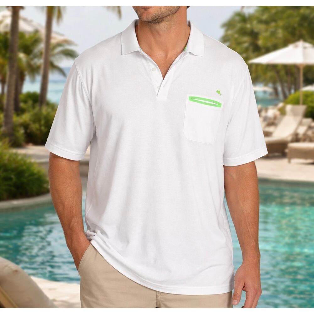 Men’s White & Neon Green Accents Tommy Bahama Supima Islandzone Polo Shirt
